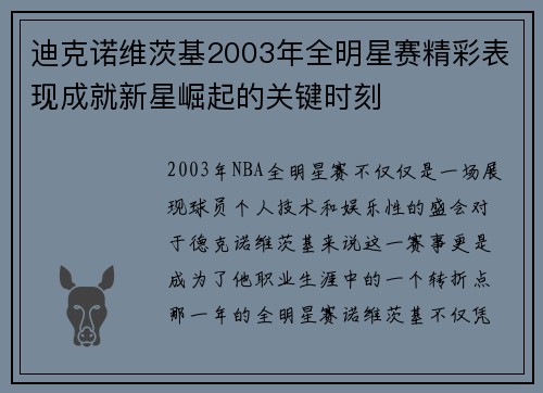迪克诺维茨基2003年全明星赛精彩表现成就新星崛起的关键时刻 迪克诺维茨基2003年全明星赛精彩表现成就新星崛起的关键时刻